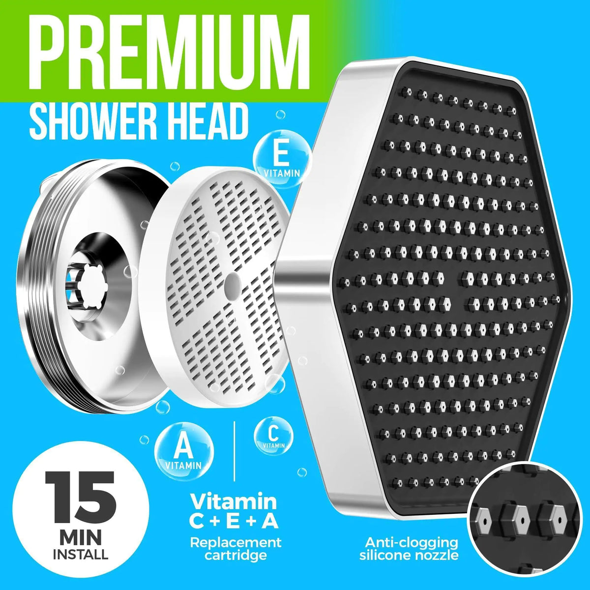 Rainfall Hexagonal Filtered Showerhead in Silver